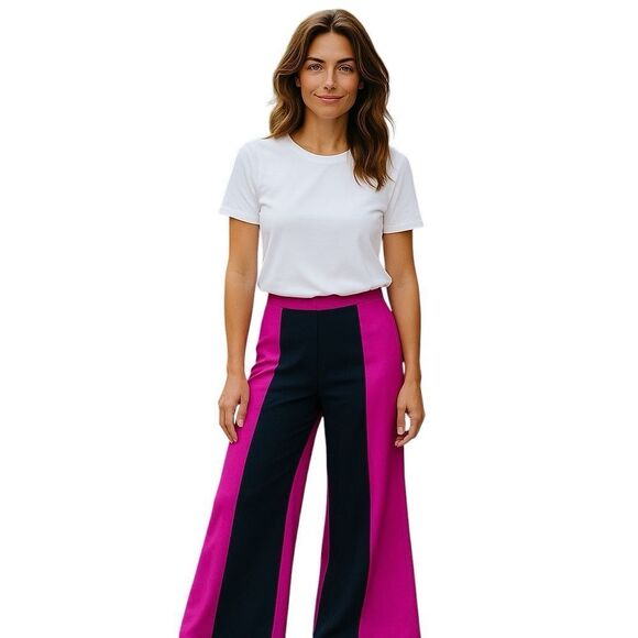 NWT Beulah Style Pink Black Color Block High Waist Wide Leg Pants - Picture 1 of 5
